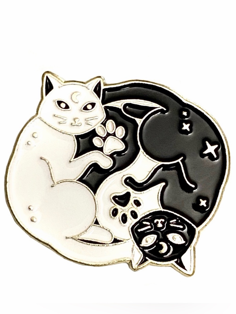 Pin 1” Ying Yang Cats Astrological Black White Enamel Brooch